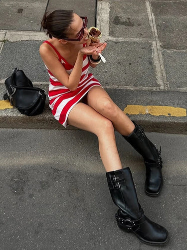 Nibber Striped Print Dress Women Low-Neck Sleeveless Skinny High Street Summer Fashion Simple Classic Sexy Midnight Mini Bodycon 3