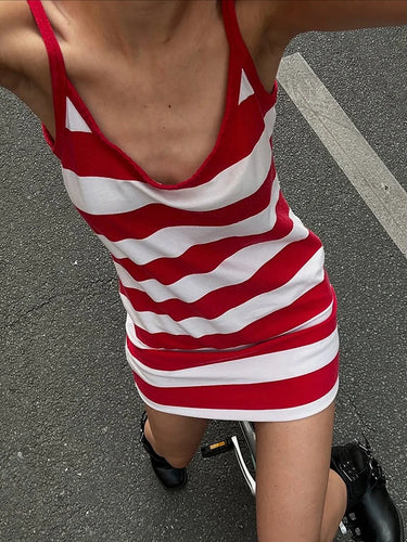 Nibber Striped Print Dress Women Low-Neck Sleeveless Skinny High Street Summer Fashion Simple Classic Sexy Midnight Mini Bodycon 4