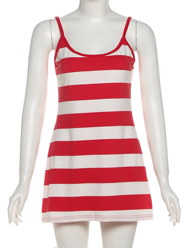 Nibber Striped Print Dress Women Low-Neck Sleeveless Skinny High Street Summer Fashion Simple Classic Sexy Midnight Mini Bodycon 5