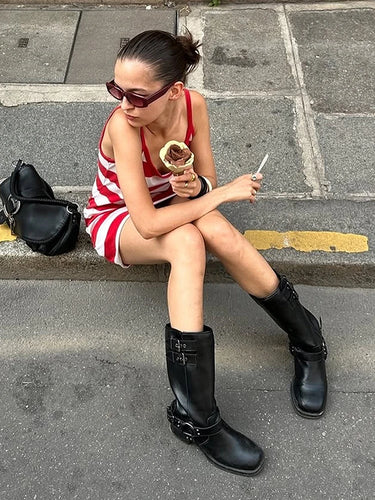 Nibber Striped Print Dress Women Low-Neck Sleeveless Skinny High Street Summer Fashion Simple Classic Sexy Midnight Mini Bodycon 6