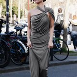 Nibber Temperament Hollow Irregular Dress Women Side Metal Buckle Backless Ruched Sleeveless Skinny Stretch Simple Maxi Bodycon 3