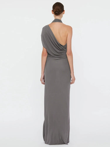 Nibber Temperament Hollow Irregular Dress Women Side Metal Buckle Backless Ruched Sleeveless Skinny Stretch Simple Maxi Bodycon 4