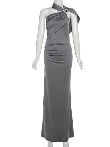 Nibber Temperament Hollow Irregular Dress Women Side Metal Buckle Backless Ruched Sleeveless Skinny Stretch Simple Maxi Bodycon 5