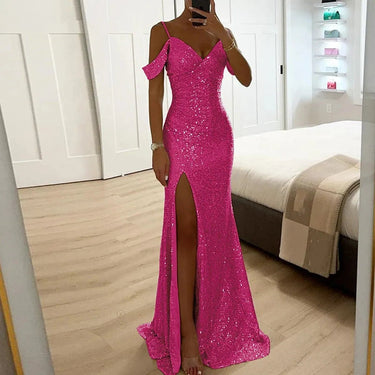 Off-Shoulder Sequined Evening Gown with Fitted Silhouette and High Slit – Elegant Formal Dress for Prom and Weddings 0