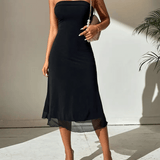 Off Shoulder Bodycon Midi Dress – Strapless Bandeau Formal Dress for Wedding Guests and Cocktail Parties, Comfortable Elastic Fabric 0