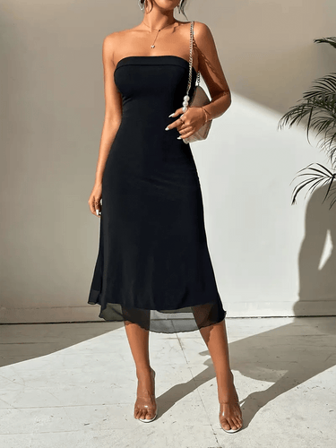 Off Shoulder Bodycon Midi Dress – Strapless Bandeau Formal Dress for Wedding Guests and Cocktail Parties, Comfortable Elastic Fabric 0