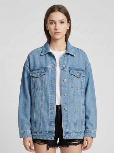 Oversized Denim Jacket with Classic Button-Front Design 0