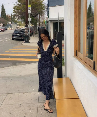 Polka Dot Midi Dress for Women – Lightweight Summer Dress with V-Neck and Short Sleeves, Casual Wear 0