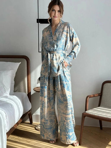 Printed Women's Co-Ord Set with Tie-Up Waist, Wide-Leg Trousers, and Lapel Collar - Versatile Two Piece Set for Day to Evening 0