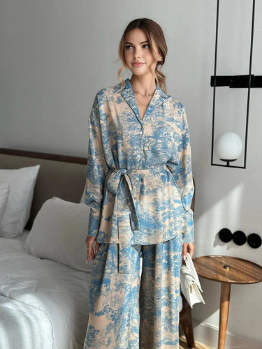 Printed Women's Co-Ord Set with Tie-Up Waist, Wide-Leg Trousers, and Lapel Collar - Versatile Two Piece Set for Day to Evening 3