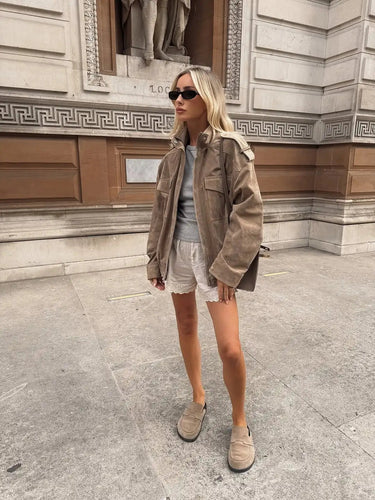 Relaxed Suede-Look Utility Jacket with Zip Front 1