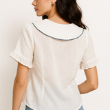 Retro Doll Collar Womens Shirt – Short Sleeve Cotton-Linen Blend Blouse for Casual Wear 1