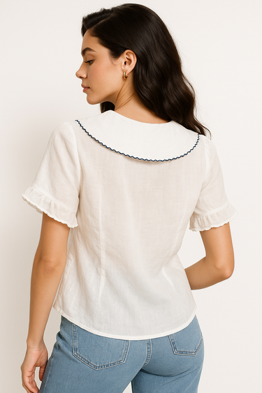 Retro Doll Collar Womens Shirt – Short Sleeve Cotton-Linen Blend Blouse for Casual Wear 1