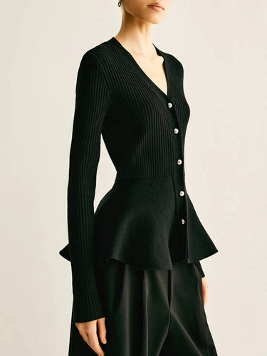 Ribbed Panel Bud Waist Button Knit Top 1