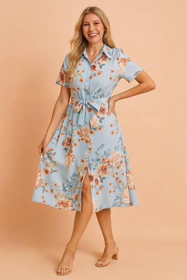 Rosa Midi Shirt Dress – Elegant Belted Design with Front Slit for Summer Outings 0