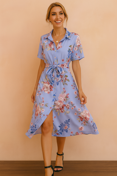 Rosa Midi Shirt Dress – Elegant Belted Design with Front Slit for Summer Outings 1