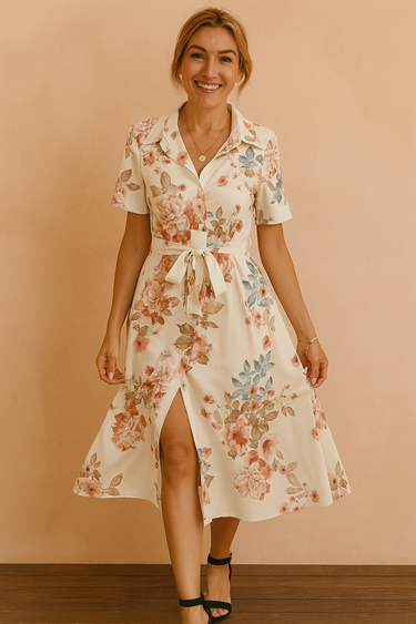 Rosa Midi Shirt Dress – Elegant Belted Design with Front Slit for Summer Outings 2