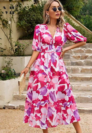 Roxanne | Elegant Floral Midi Dress with Puff Sleeves 10