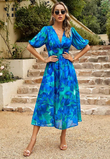Roxanne | Elegant Floral Midi Dress with Puff Sleeves 11