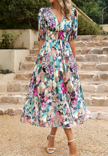 Roxanne | Elegant Floral Midi Dress with Puff Sleeves 3