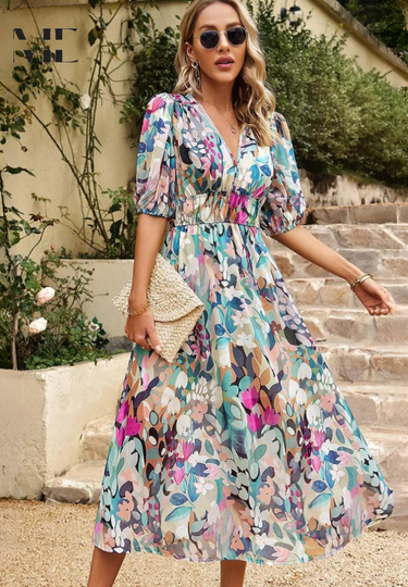 Roxanne | Elegant Floral Midi Dress with Puff Sleeves 4