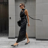 Satin Halter Maxi Dress for Wedding Guests – Bodycon Fit with Scarf Detail for Formal Events 1