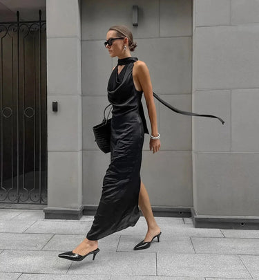 Satin Halter Maxi Dress for Wedding Guests – Bodycon Fit with Scarf Detail for Formal Events 1