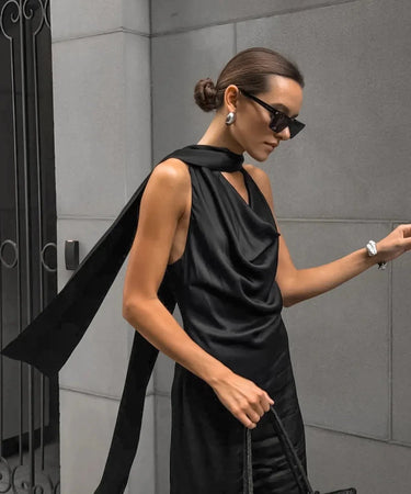 Satin Halter Maxi Dress for Wedding Guests – Bodycon Fit with Scarf Detail for Formal Events 2