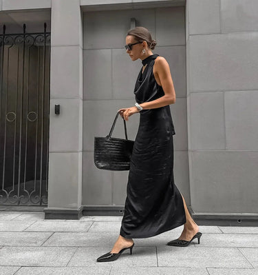 Satin Halter Maxi Dress for Wedding Guests – Bodycon Fit with Scarf Detail for Formal Events 4