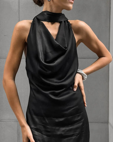 Satin Halter Maxi Dress for Wedding Guests – Bodycon Fit with Scarf Detail for Formal Events 5