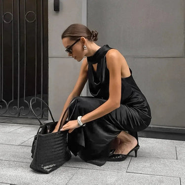 Satin Halter Maxi Dress for Wedding Guests – Bodycon Fit with Scarf Detail for Formal Events 6