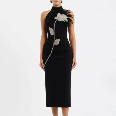 Sexy Backless Feather Embellished Diamond Embedded Floral Wrap Dress Mid-Length Sleeveless Gown Tight Fit Mid Waist Zipper 0