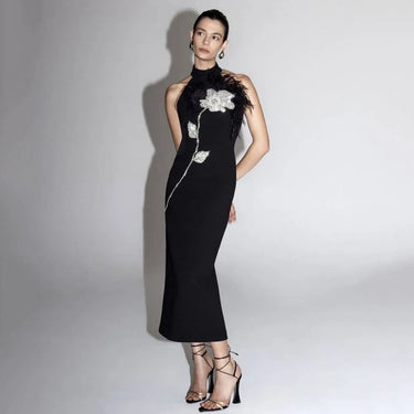 Sexy Backless Feather Embellished Diamond Embedded Floral Wrap Dress Mid-Length Sleeveless Gown Tight Fit Mid Waist Zipper 2