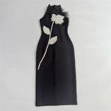 Sexy Backless Feather Embellished Diamond Embedded Floral Wrap Dress Mid-Length Sleeveless Gown Tight Fit Mid Waist Zipper 3