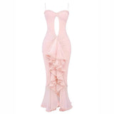 Sexy Lace Hollow out Bridesmaid Dress with Fish Tail Tight Body Lace Trim Strapless Gown V-neck Ankle-length Polyester Fiber 4