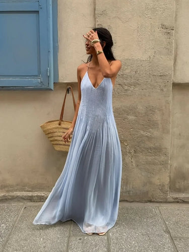 Sexy Women's Solid Color Pleated Long Dress Elegant Sleeveless Suspender Backless Slim Fit Dresses Beach Party Women's Robe 0