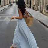 Sexy Women's Solid Color Pleated Long Dress Elegant Sleeveless Suspender Backless Slim Fit Dresses Beach Party Women's Robe 1