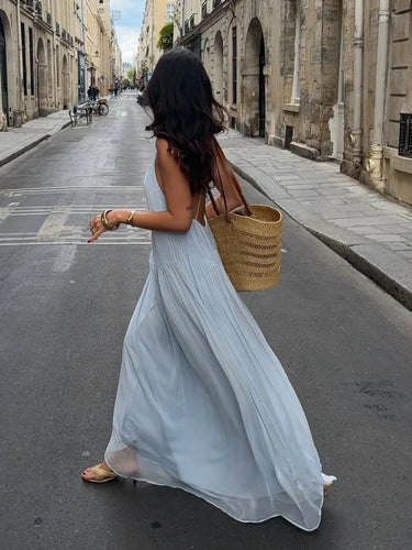 Sexy Women's Solid Color Pleated Long Dress Elegant Sleeveless Suspender Backless Slim Fit Dresses Beach Party Women's Robe 1