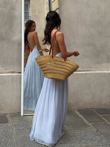 Sexy Women's Solid Color Pleated Long Dress Elegant Sleeveless Suspender Backless Slim Fit Dresses Beach Party Women's Robe 2