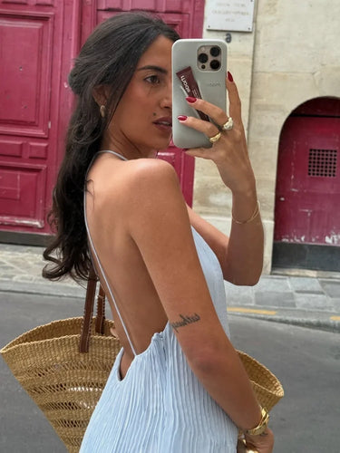 Sexy Women's Solid Color Pleated Long Dress Elegant Sleeveless Suspender Backless Slim Fit Dresses Beach Party Women's Robe 3