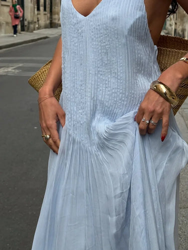 Sexy Women's Solid Color Pleated Long Dress Elegant Sleeveless Suspender Backless Slim Fit Dresses Beach Party Women's Robe 4