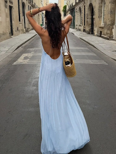 Sexy Women's Solid Color Pleated Long Dress Elegant Sleeveless Suspender Backless Slim Fit Dresses Beach Party Women's Robe 5