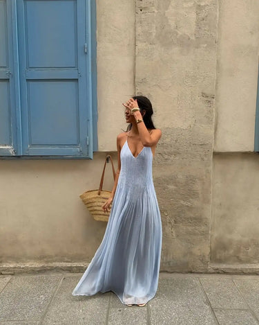 Sexy Women's Solid Color Pleated Long Dress Elegant Sleeveless Suspender Backless Slim Fit Dresses Beach Party Women's Robe 6