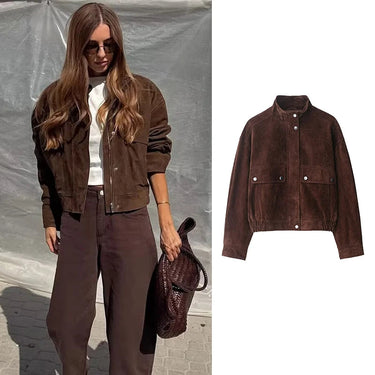 Short Jacket in Suede-Look with Stand Collar and Defined Waist 1