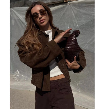 Short Jacket in Suede-Look with Stand Collar and Defined Waist 2
