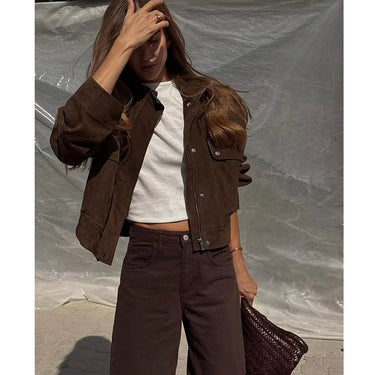 Short Jacket in Suede-Look with Stand Collar and Defined Waist 3