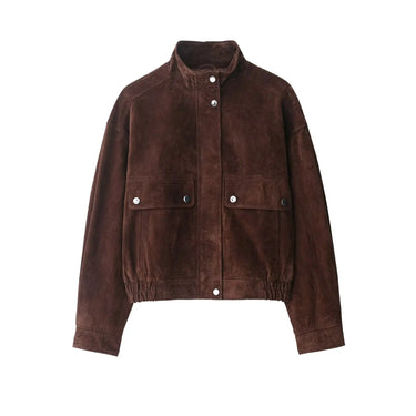 Short Jacket in Suede-Look with Stand Collar and Defined Waist 4