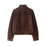 Short Jacket in Suede-Look with Stand Collar and Defined Waist 5