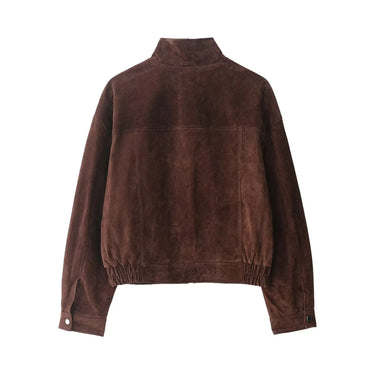 Short Jacket in Suede-Look with Stand Collar and Defined Waist 5