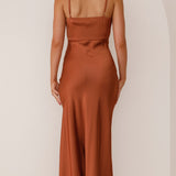 Simple maxi dress – satin dress with spaghetti straps and a high slit 5